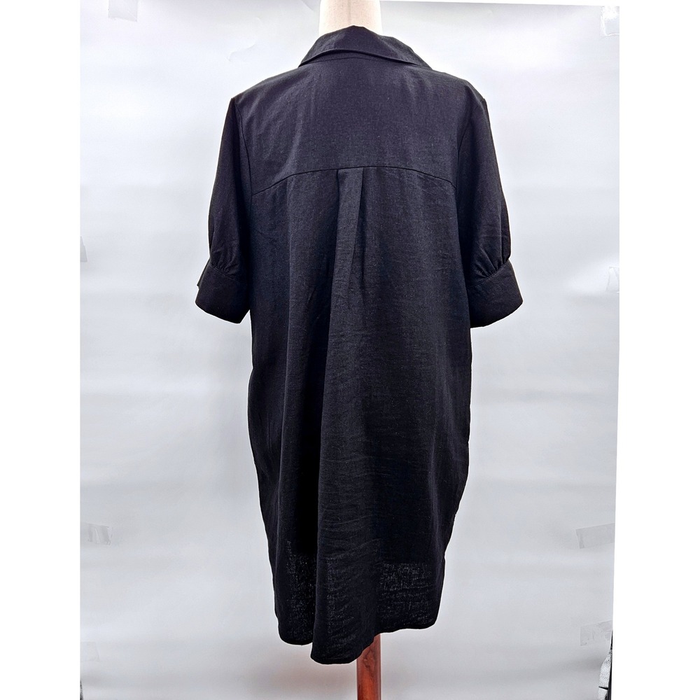 Old Navy Black Linen Blend Short Puff Sleeve Button Down Shirt Dress Pockets - Picture 2 of 10